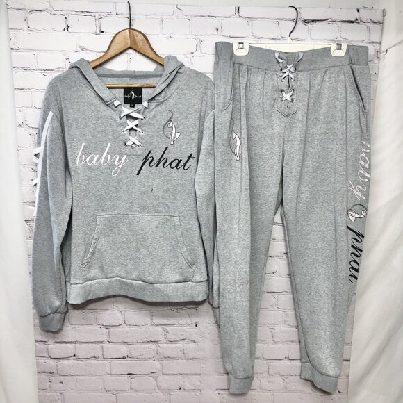 Baby Phat Y2K Style Gray Jogger Hoodie & Pants Big Logo Cat Trendy 2pc Set Sz 3X - Picture 1 of 15